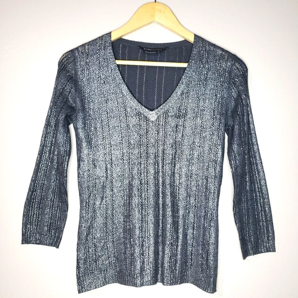 BCBG MaxAzria Small Silver Long Sleeve Metallic V-neck Sweater Top